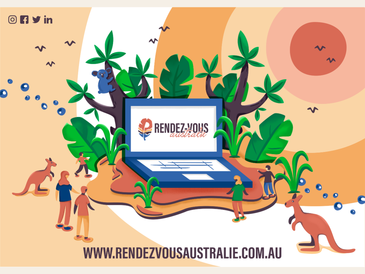 Rendez-vous Australie brand illustration with the website on a laptop in an Australian landscape